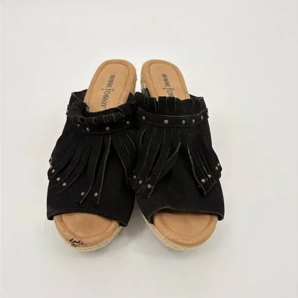 Minnetonka | Black Fringe Slide wedge Sandals | size 9 - Picture 5 of 7